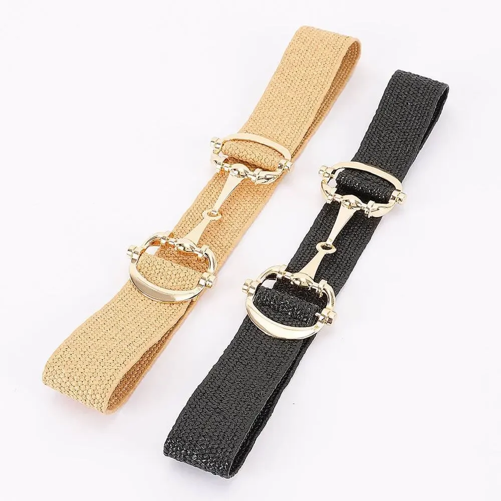 Straw Metal Horse Bit Buckle Elastic Belt Black Gold